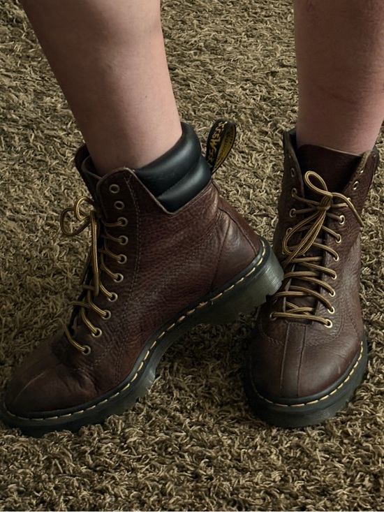 Dr. Martens Shoes - Dr. Martens Airwair Brown Leather Lace-Up Ankle Boots with Yellow Stitching